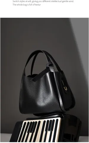 Genuine Leather Women's Shoulder Handbag Cowhide Medium Purse Bucket Bag Soft