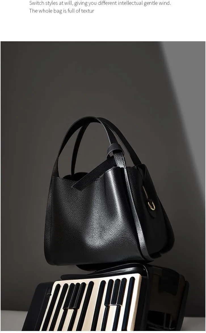 Genuine Leather Women's Shoulder Handbag Cowhide Medium Purse Bucket Bag Soft