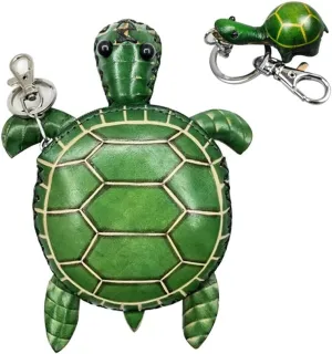 Genuine Leather Zippered Coin Purse Handcrafted Change Pouch Purse Wrist Clutch with Key ring for Women Men Gift a Turtle Keychain (Turtle)