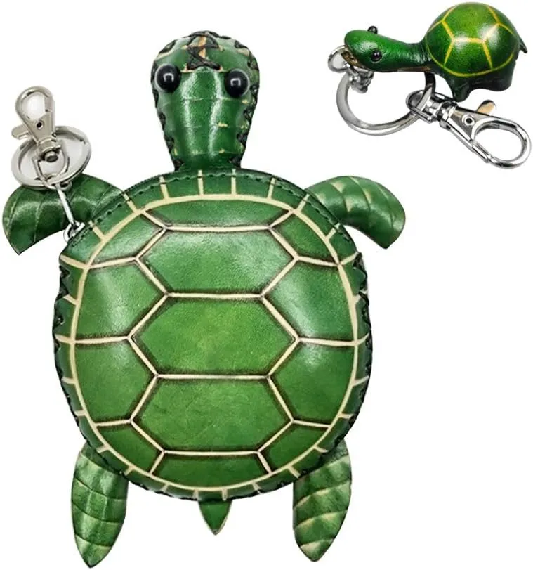 Genuine Leather Zippered Coin Purse Handcrafted Change Pouch Purse Wrist Clutch with Key ring for Women Men Gift a Turtle Keychain (Turtle)