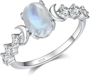 Genuine Moonstone Ring Sterling Silver Moon Phase Ring Oval Moonstone Cubic Zirconia Statement Band Finger Minimalist Ring for Women Girls with Gift Box