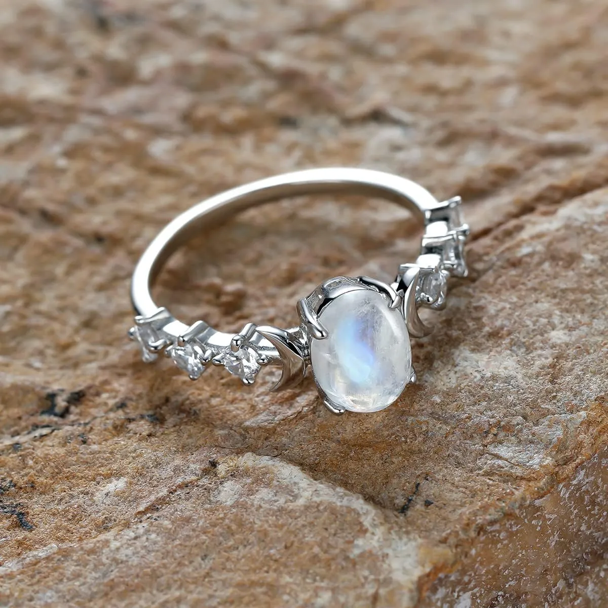 Genuine Moonstone Ring Sterling Silver Moon Phase Ring Oval Moonstone Cubic Zirconia Statement Band Finger Minimalist Ring for Women Girls with Gift Box