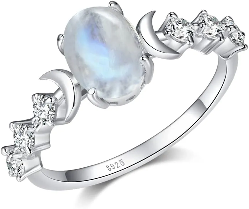 Genuine Moonstone Ring Sterling Silver Moon Phase Ring Oval Moonstone Cubic Zirconia Statement Band Finger Minimalist Ring for Women Girls with Gift Box