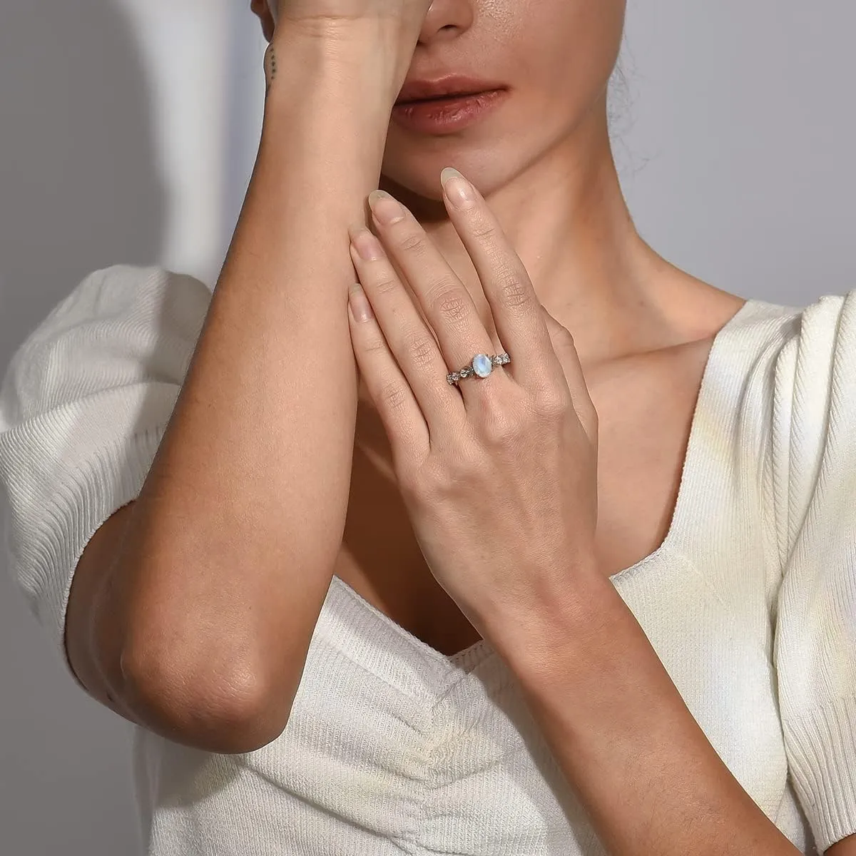 Genuine Moonstone Ring Sterling Silver Moon Phase Ring Oval Moonstone Cubic Zirconia Statement Band Finger Minimalist Ring for Women Girls with Gift Box