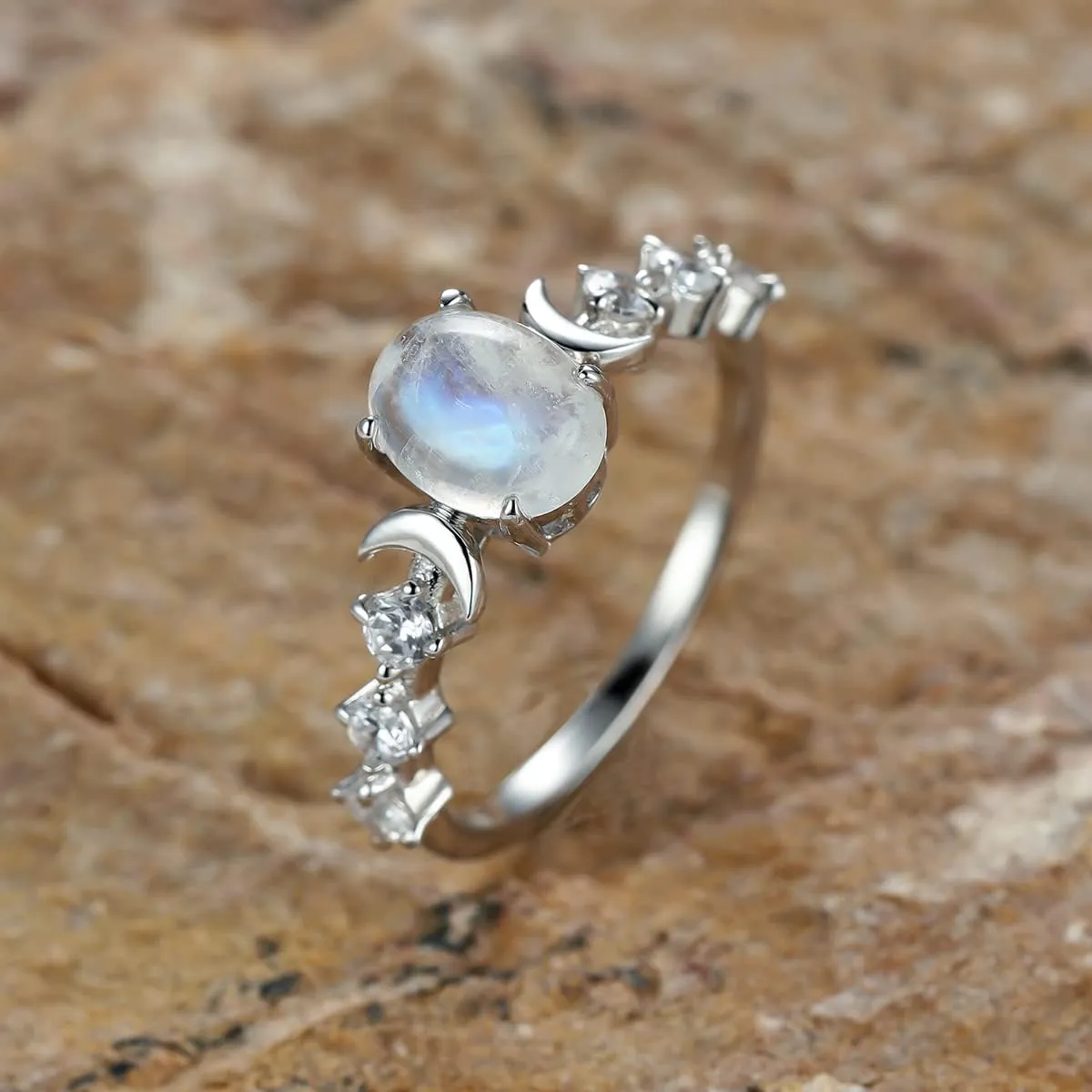 Genuine Moonstone Ring Sterling Silver Moon Phase Ring Oval Moonstone Cubic Zirconia Statement Band Finger Minimalist Ring for Women Girls with Gift Box