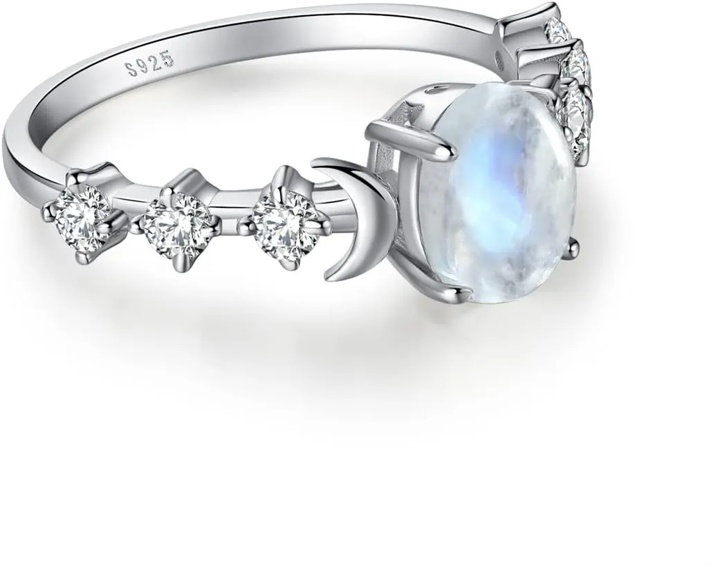 Genuine Moonstone Ring Sterling Silver Moon Phase Ring Oval Moonstone Cubic Zirconia Statement Band Finger Minimalist Ring for Women Girls with Gift Box