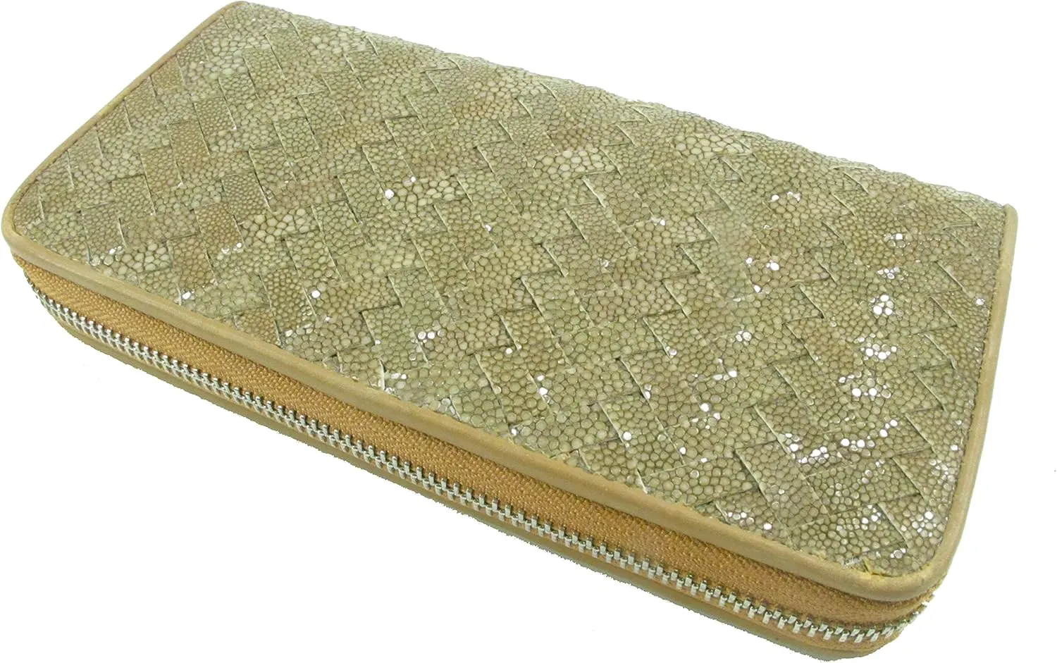 Genuine Polished Stingray Skin Women's Zip Around Intrecciato Braid Handmade Clutch Wallet Purse (Nut Brown)