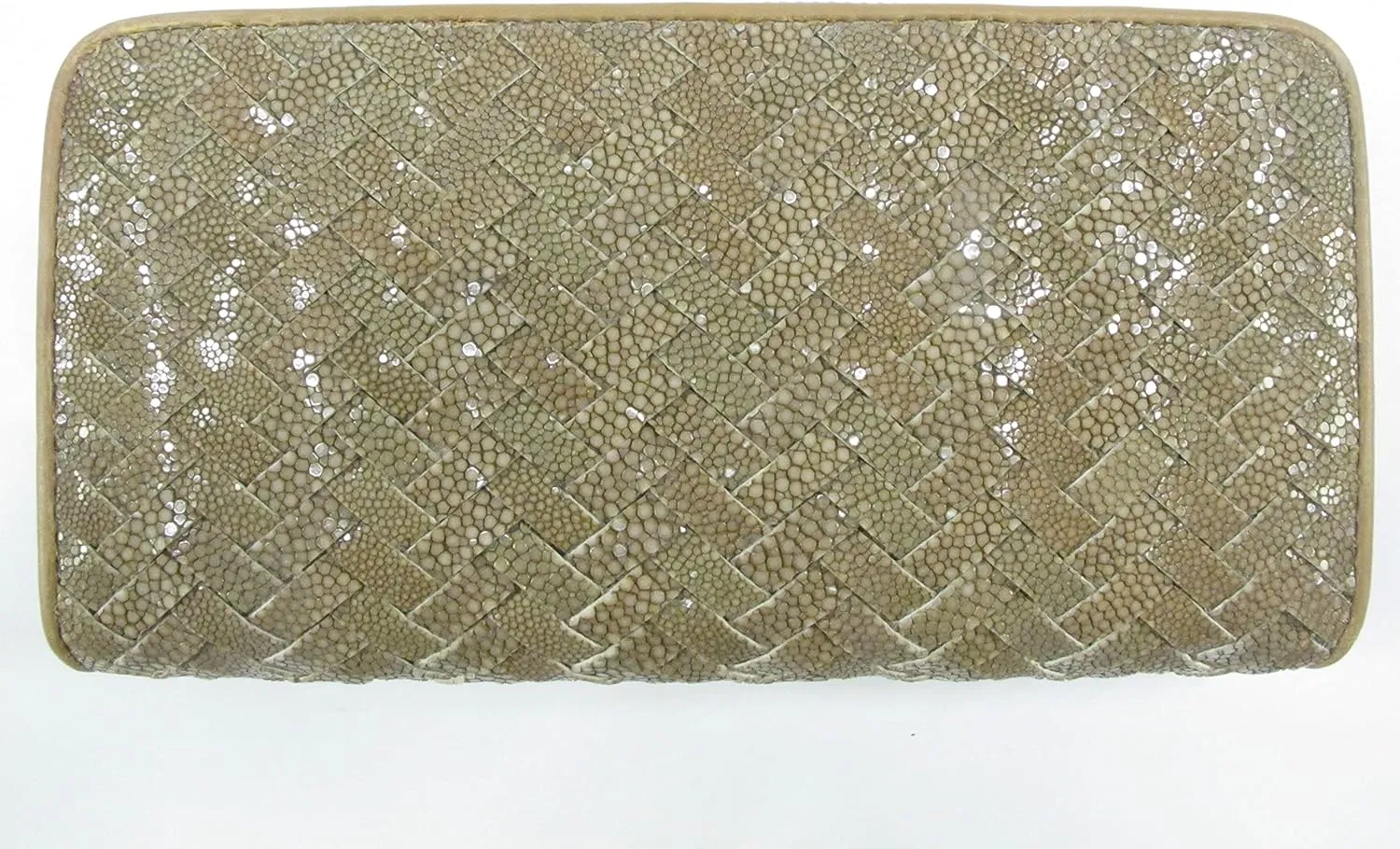 Genuine Polished Stingray Skin Women's Zip Around Intrecciato Braid Handmade Clutch Wallet Purse (Nut Brown)