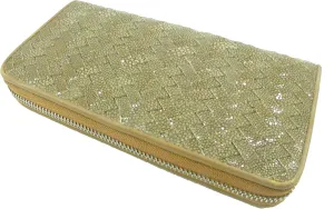 Genuine Polished Stingray Skin Women's Zip Around Intrecciato Braid Handmade Clutch Wallet Purse (Nut Brown)