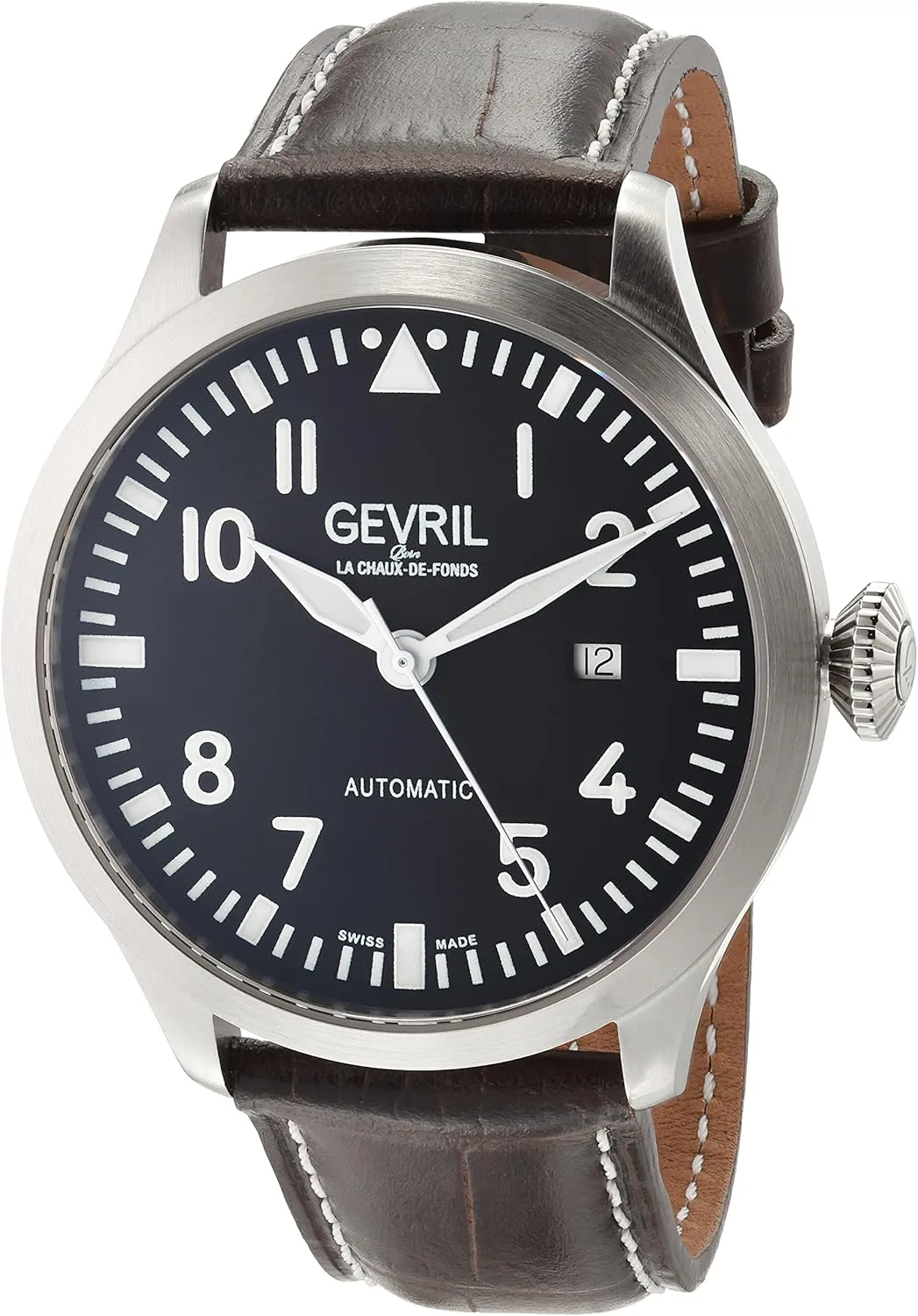 Gevril 43502-03 Men's Vaughan Swiss Automatic Watch, Genuine Italian Dark Brown/White Stitching Leather Strap