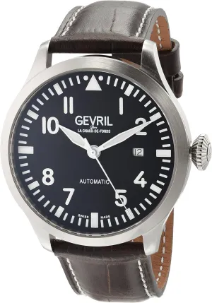 Gevril 43502-03 Men's Vaughan Swiss Automatic Watch, Genuine Italian Dark Brown/White Stitching Leather Strap