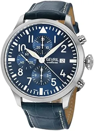 Gevril Men's Vaughn Automatic Chronograph Watch, Genuine Blue Italian Leather Strap with Tang Buckle