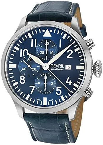 Gevril Men's Vaughn Automatic Chronograph Watch, Genuine Blue Italian Leather Strap with Tang Buckle