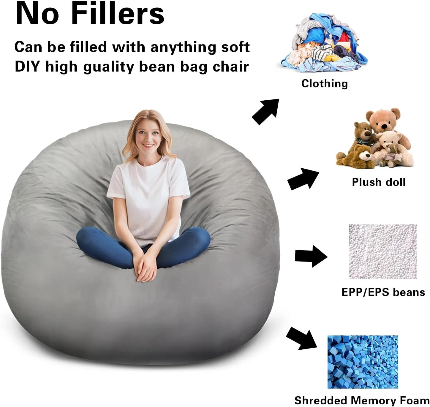 Giant Bean Bag Chair Cover for Adults (No Filler, Cover only) 6FT Comfy Dutch Velvet Big Bean Bag Cover Bean Bag Bed - Fluffy Lazy Sofa Cover Light Grey (180 * 90cm)