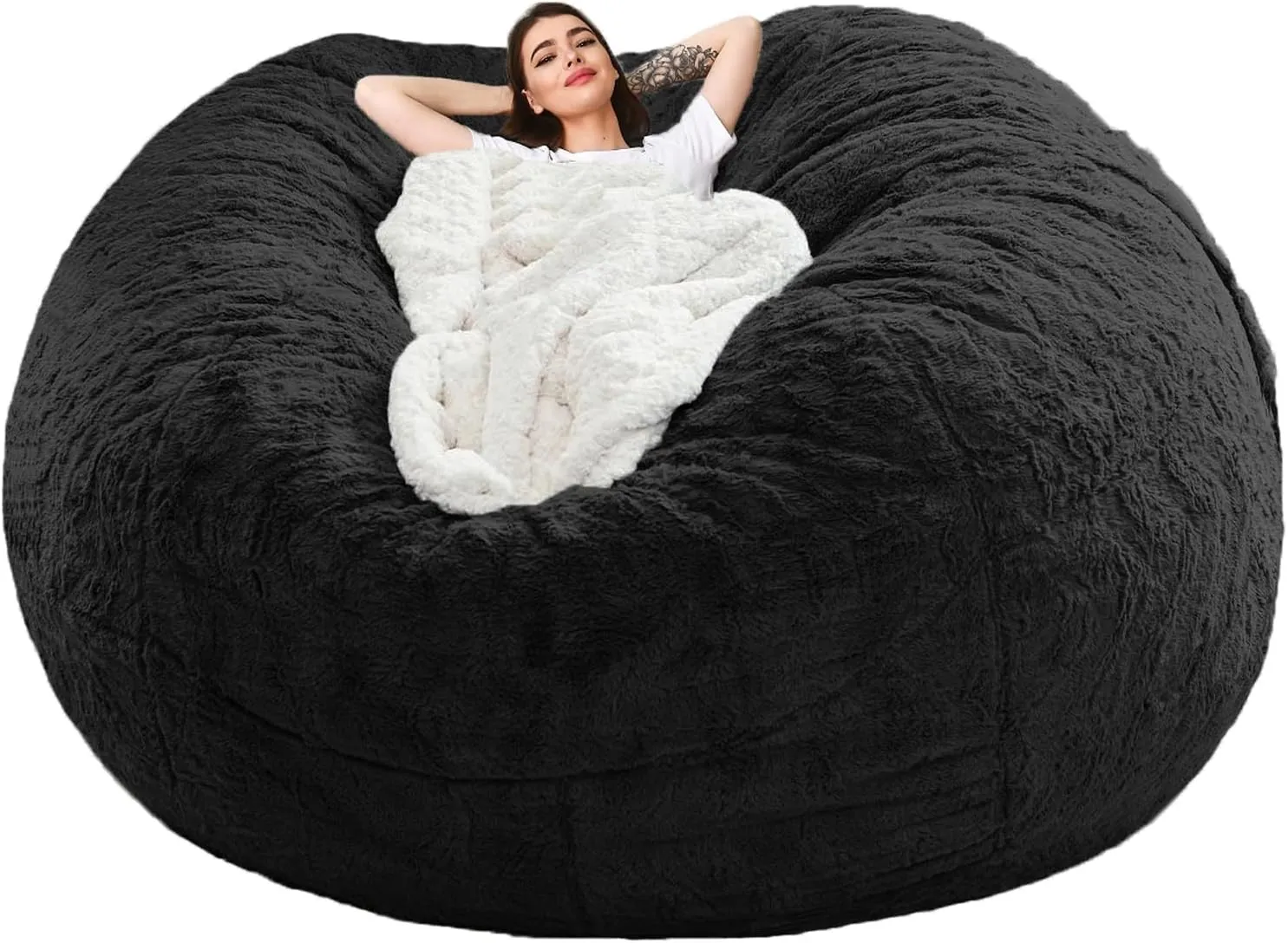Giant Bean Bag Chair Cover(No Filler),Oversized Round Soft Fluffy PV Velvet Washable Lazy Sofa Bean Bag Bed Cover for Adults, Living Room Bedroom Furniture Outside Cover (Black, 6FT)