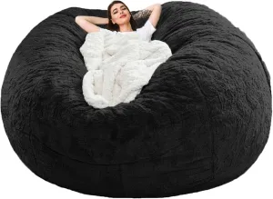 Giant Bean Bag Chair Cover(No Filler),Oversized Round Soft Fluffy PV Velvet Washable Lazy Sofa Bean Bag Bed Cover for Adults, Living Room Bedroom Furniture Outside Cover (Black, 6FT)
