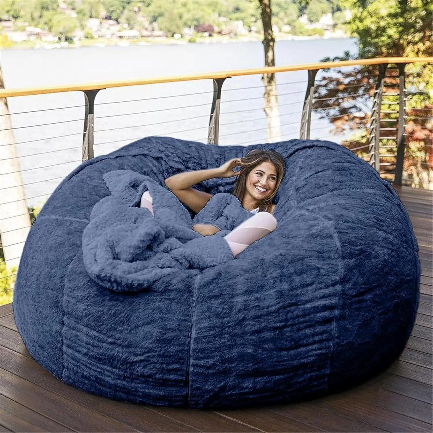 Giant Bean Bag Chair Cover(No Filler),Oversized Round Soft Fluffy PV Velvet Washable Lazy Sofa Bean Bag Bed Cover for Adults, Living Room Bedroom Furniture Outside Cover (Blue, 5FT)