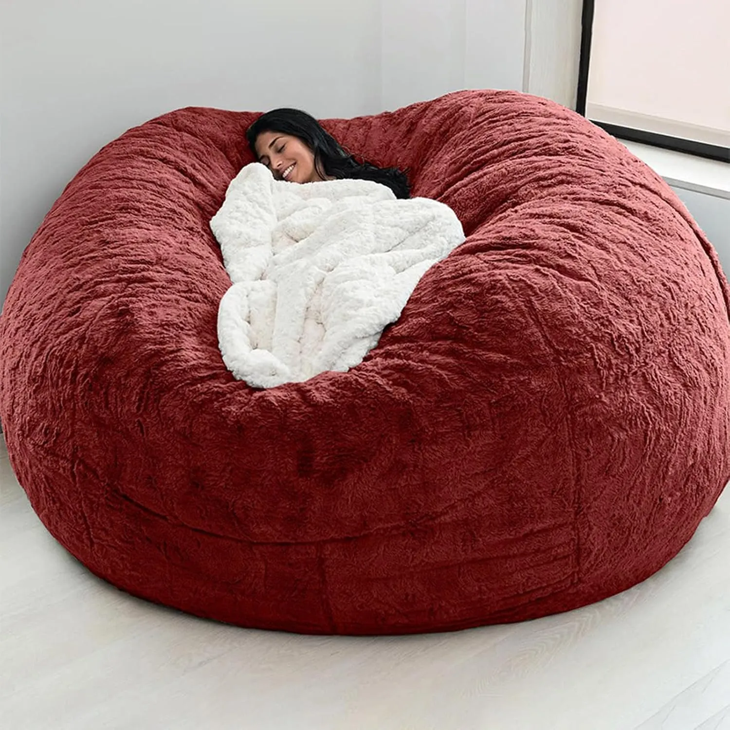 Giant Bean Bag Chair Cover(No Filler),Oversized Round Soft Fluffy PV Velvet Washable Lazy Sofa Bean Bag Bed Cover for Adults, Living Room Bedroom Furniture Outside Cover (Burgundy, 5FT)