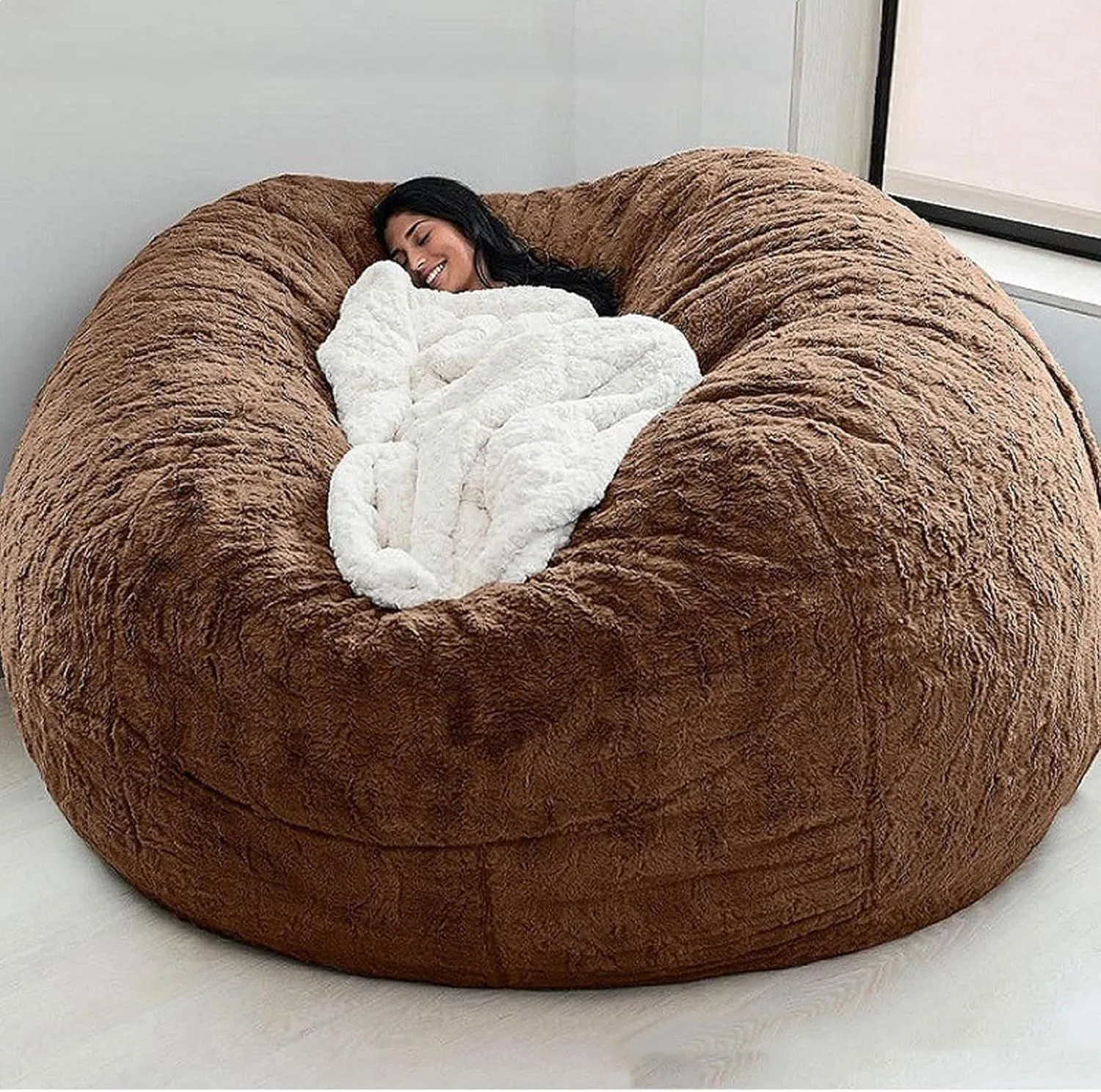 Giant Bean Bag Chair Cover(No Filler),Oversized Round Soft Fluffy PV Velvet Washable Lazy Sofa Bean Bag Bed Cover for Adults, Living Room Bedroom Furniture Outside Cover (Dark brown, 5FT)