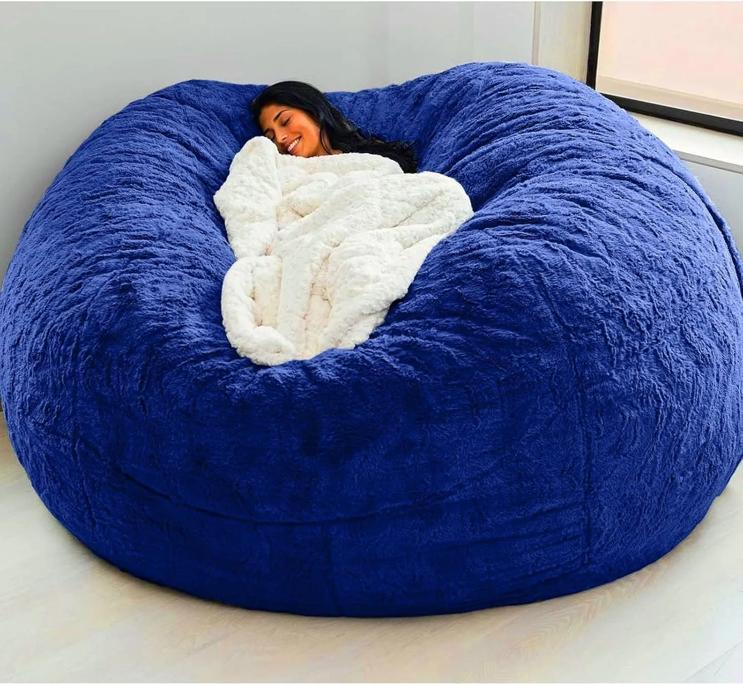Giant Bean Bag Chair Cover(No Filler),Oversized Round Soft Fluffy PV Velvet Washable Lazy Sofa Bean Bag Bed Cover for Adults, Living Room Bedroom Furniture Outside Cover (Jewel blue, 7FT)