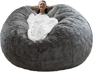 Giant Bean Bag Chair Cover(No Filler),Oversized Round Soft Fluffy PV Velvet Washable Lazy Sofa Bean Bag Bed Cover for Adults, Living Room Bedroom Furniture Outside Cover (Light Gray, 6FT)