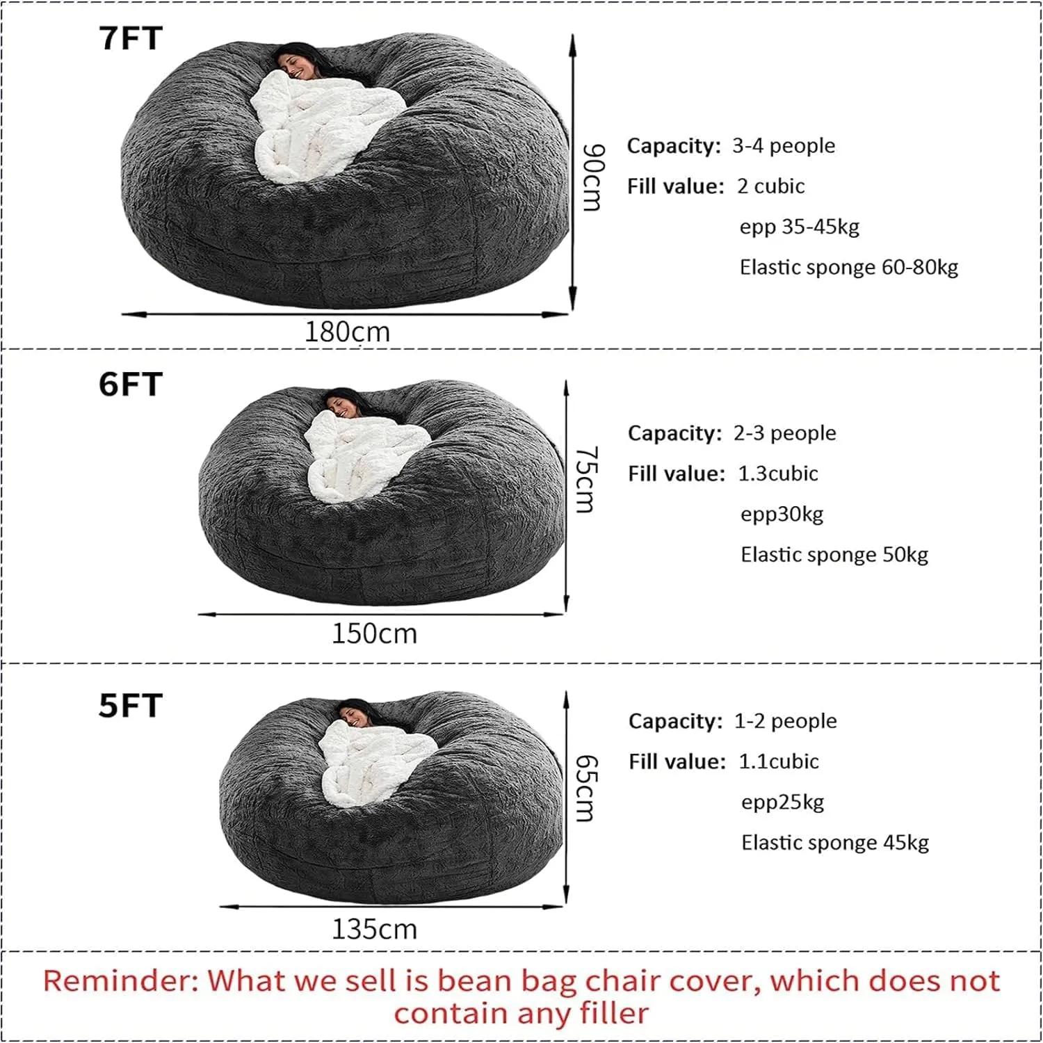 Giant Bean Bag Chair Cover(No Filler),Oversized Round Soft Fluffy PV Velvet Washable Lazy Sofa Bean Bag Bed Cover for Adults, Living Room Bedroom Furniture Outside Cover (Light Gray, 6FT)
