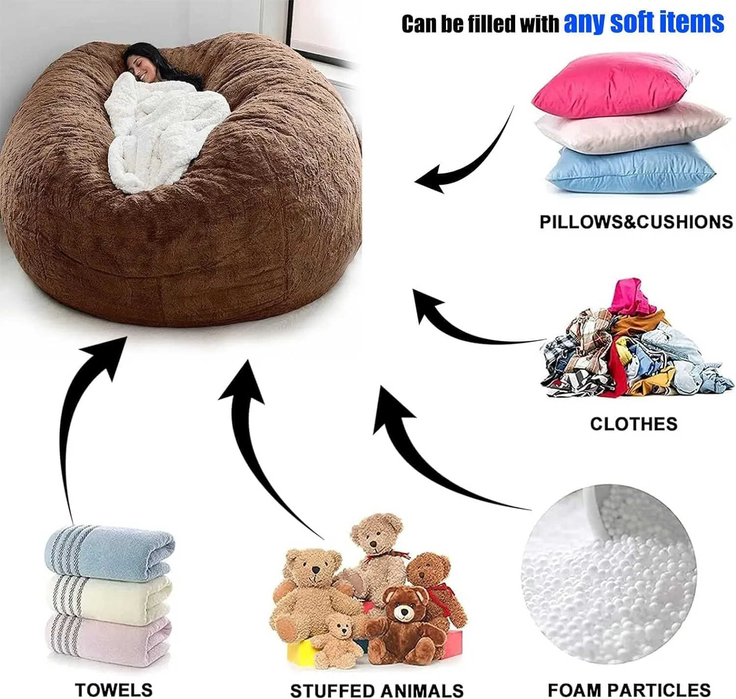 Giant Bean Bag Chair Cover(No Filler),Oversized Round Soft Fluffy PV Velvet Washable Lazy Sofa Bean Bag Bed Cover for Adults, Living Room Bedroom Furniture Outside Cover (Light Gray, 6FT)