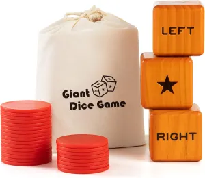 Giant Right Center Left Dice Game with 24 Large Chips & Carry Bag. 3.5" Giant Wooden Outdoor & Lawn Dice Game for Family.