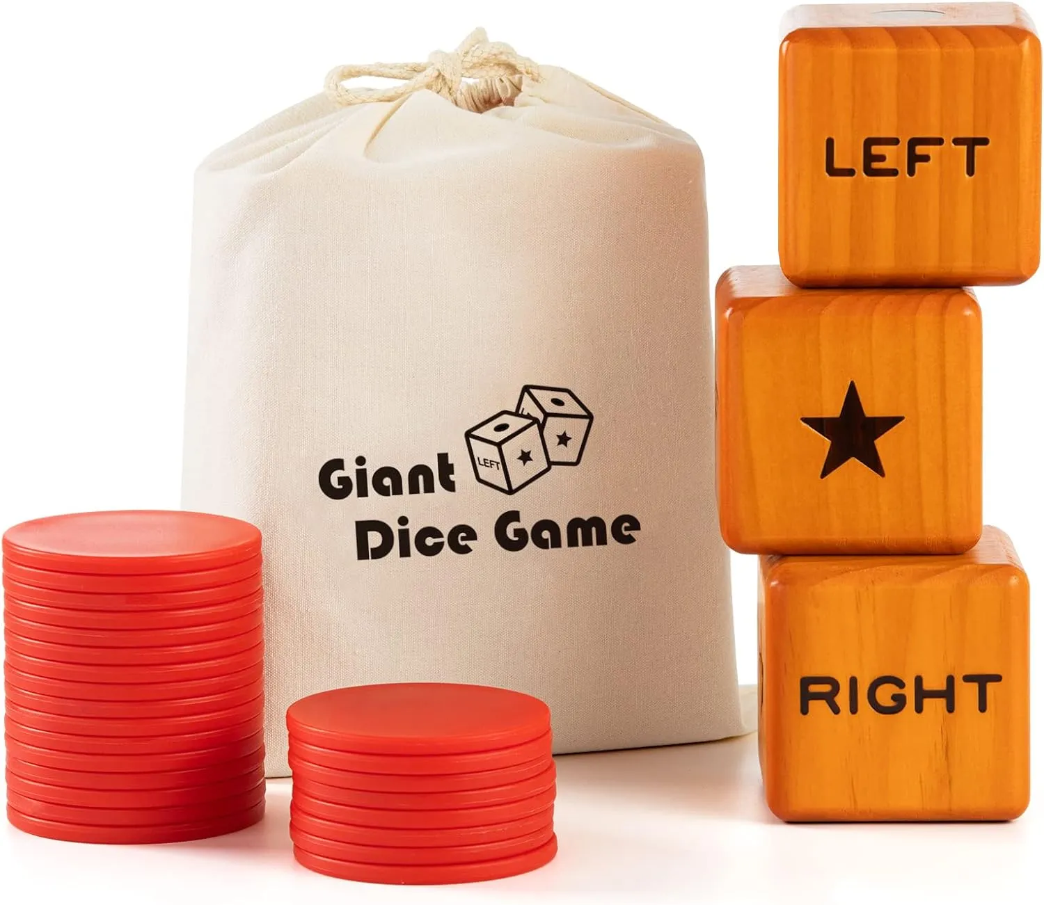 Giant Right Center Left Dice Game with 24 Large Chips & Carry Bag. 3.5" Giant Wooden Outdoor & Lawn Dice Game for Family.
