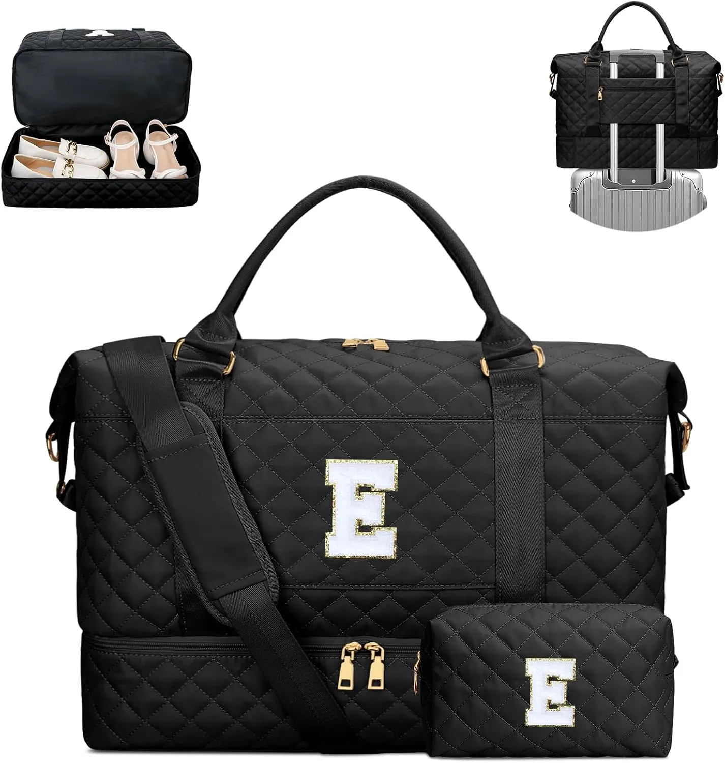 Gifts for Women Initial Travel Duffle Bag Quilted Weekender Carry-On Overnight with Cosmetic Bag, Gym Bag with Shoe Compartment Hospital Bag for Labor Delivery, Black E