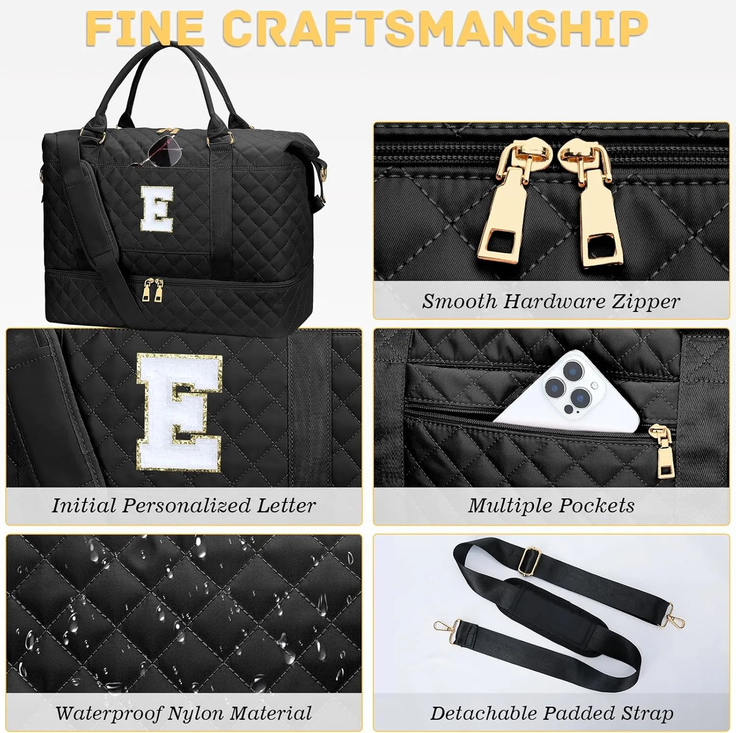 Gifts for Women Initial Travel Duffle Bag Quilted Weekender Carry-On Overnight with Cosmetic Bag, Gym Bag with Shoe Compartment Hospital Bag for Labor Delivery, Black E
