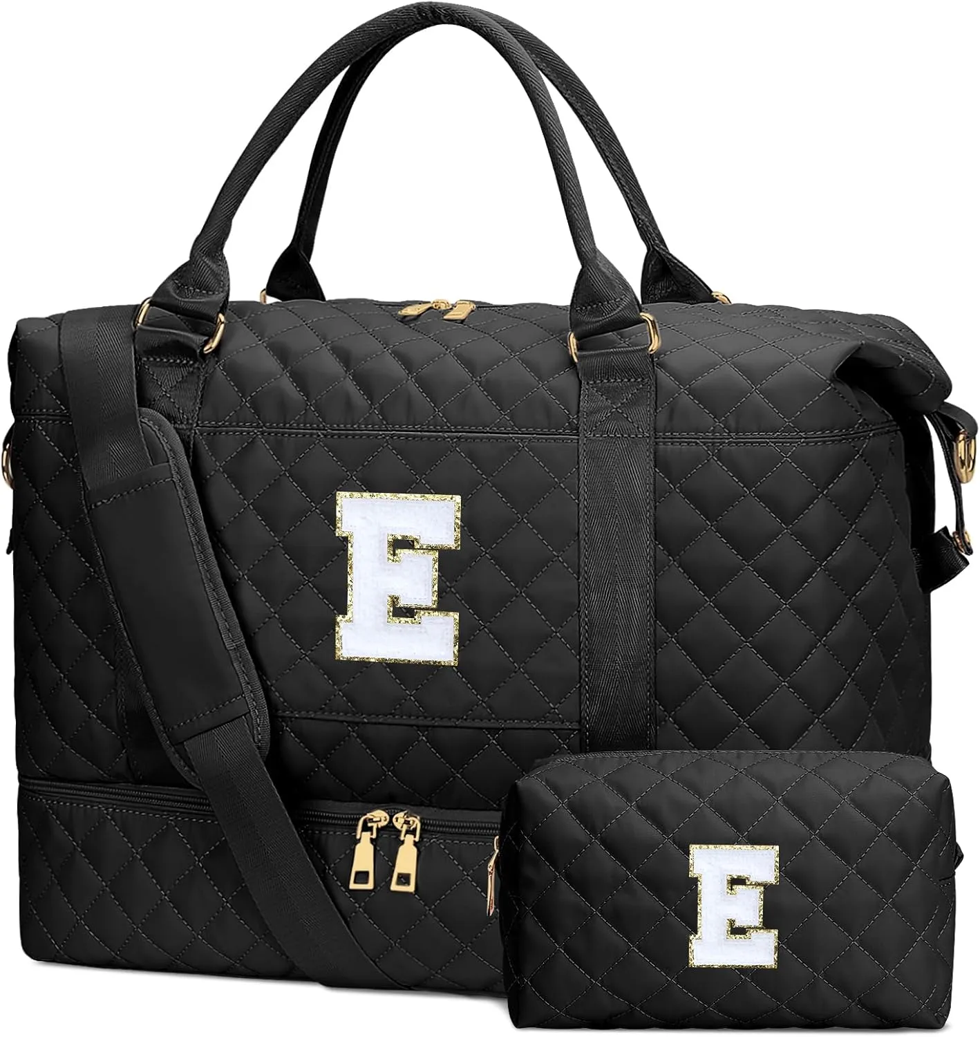 Gifts for Women Initial Travel Duffle Bag Quilted Weekender Carry-On Overnight with Cosmetic Bag, Gym Bag with Shoe Compartment Hospital Bag for Labor Delivery, Black E
