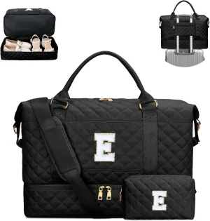 Gifts for Women Initial Travel Duffle Bag Quilted Weekender Carry-On Overnight with Cosmetic Bag, Gym Bag with Shoe Compartment Hospital Bag for Labor Delivery, Black E