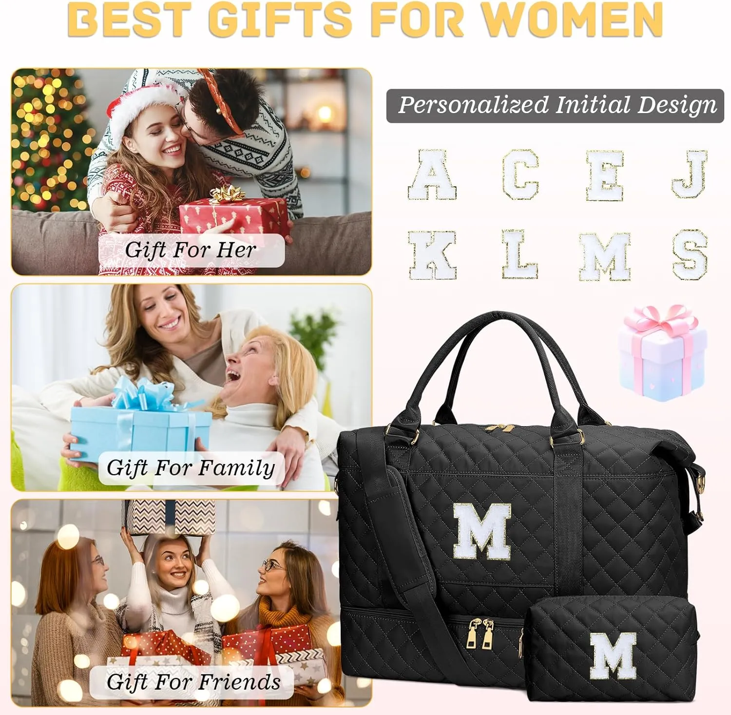 Gifts for Women Initial Travel Duffle Bag Quilted Weekender Carry-On Overnight with Cosmetic Bag, Gym Bag with Shoe Compartment Hospital Bag for Labor Delivery, Black M