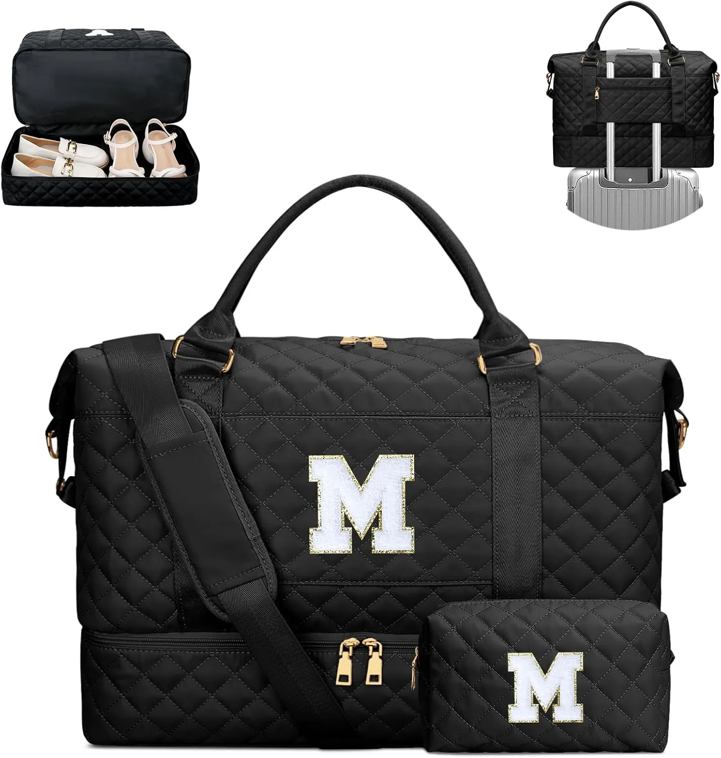 Gifts for Women Initial Travel Duffle Bag Quilted Weekender Carry-On Overnight with Cosmetic Bag, Gym Bag with Shoe Compartment Hospital Bag for Labor Delivery, Black M