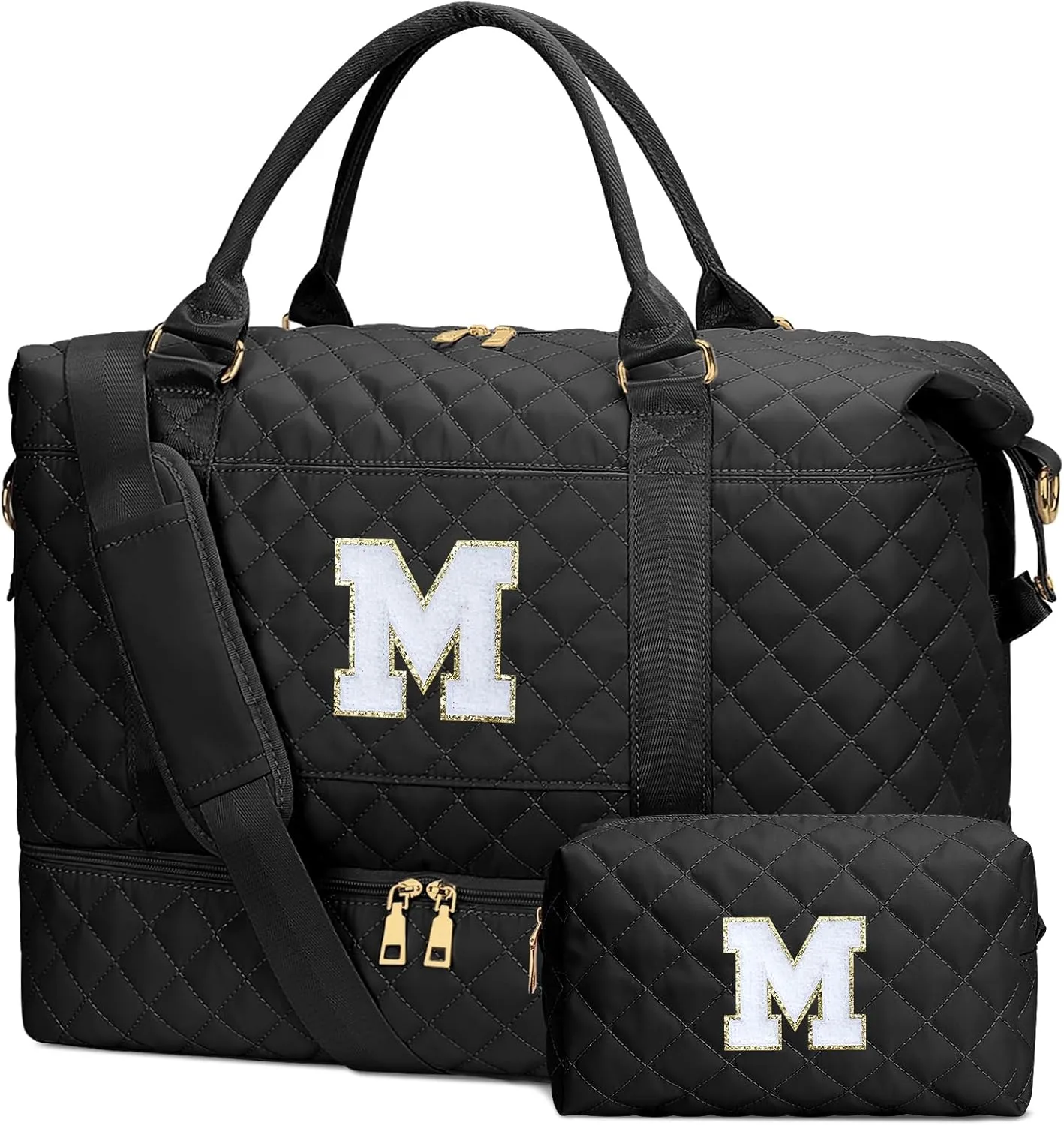 Gifts for Women Initial Travel Duffle Bag Quilted Weekender Carry-On Overnight with Cosmetic Bag, Gym Bag with Shoe Compartment Hospital Bag for Labor Delivery, Black M