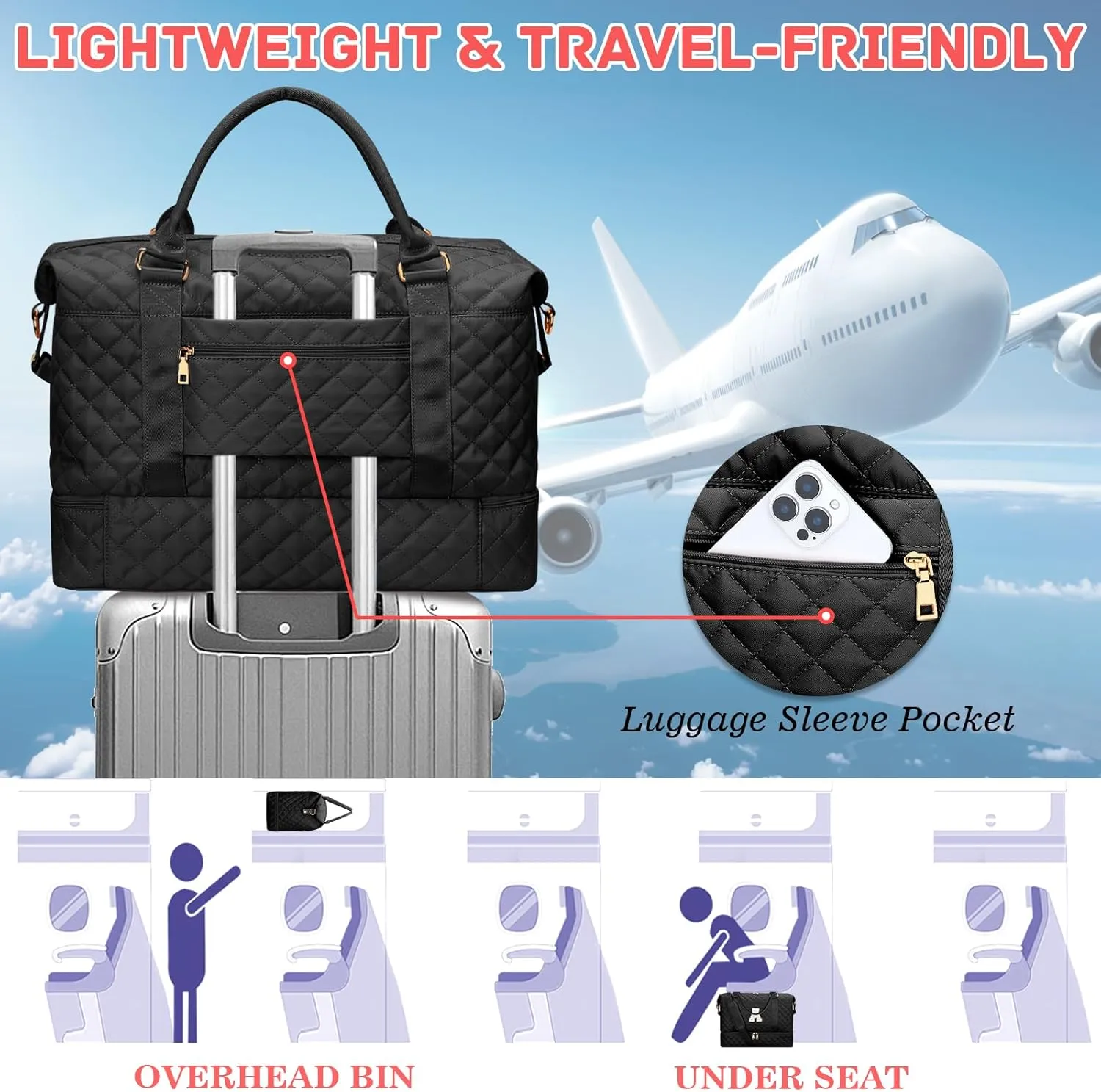 Gifts for Women Initial Travel Duffle Bag Quilted Weekender Carry-On Overnight with Cosmetic Bag, Gym Bag with Shoe Compartment Hospital Bag for Labor Delivery, Black M