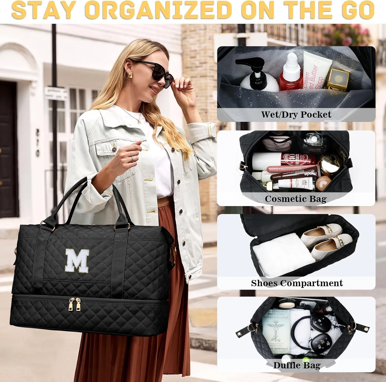 Gifts for Women Initial Travel Duffle Bag Quilted Weekender Carry-On Overnight with Cosmetic Bag, Gym Bag with Shoe Compartment Hospital Bag for Labor Delivery, Black M
