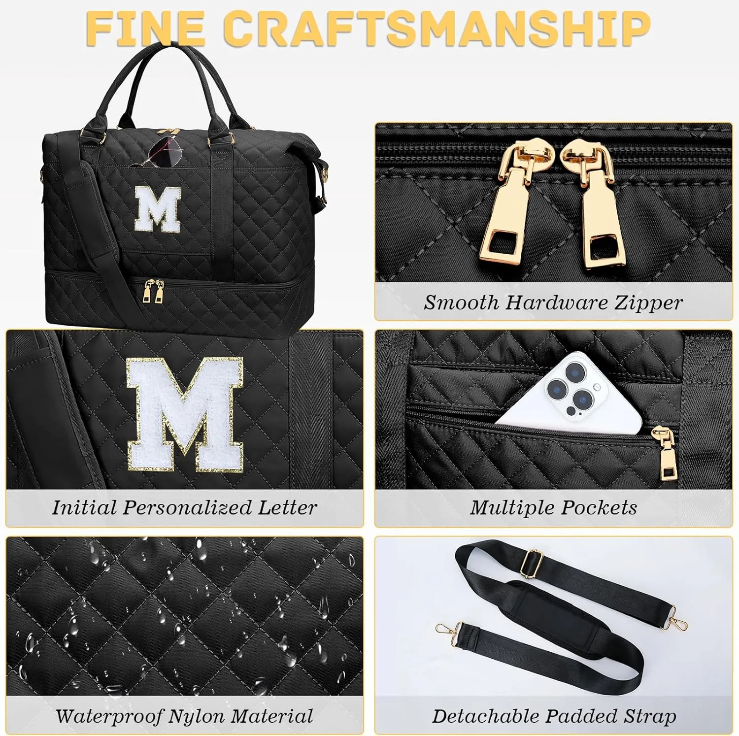 Gifts for Women Initial Travel Duffle Bag Quilted Weekender Carry-On Overnight with Cosmetic Bag, Gym Bag with Shoe Compartment Hospital Bag for Labor Delivery, Black M