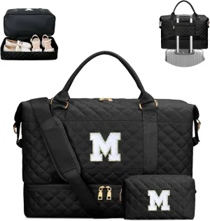Gifts for Women Initial Travel Duffle Bag Quilted Weekender Carry-On Overnight with Cosmetic Bag, Gym Bag with Shoe Compartment Hospital Bag for Labor Delivery, Black M