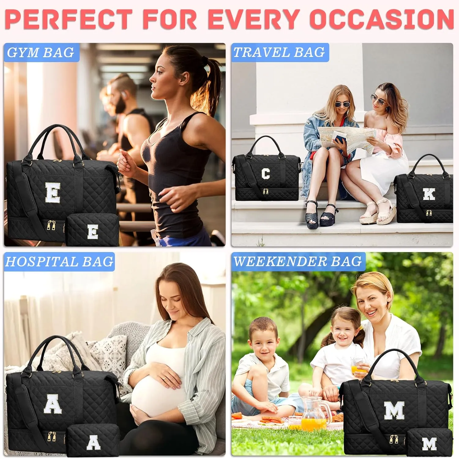 Gifts for Women Initial Travel Duffle Bag Quilted Weekender Carry-On Overnight with Cosmetic Bag, Gym Bag with Shoe Compartment Hospital Bag for Labor Delivery, Black M