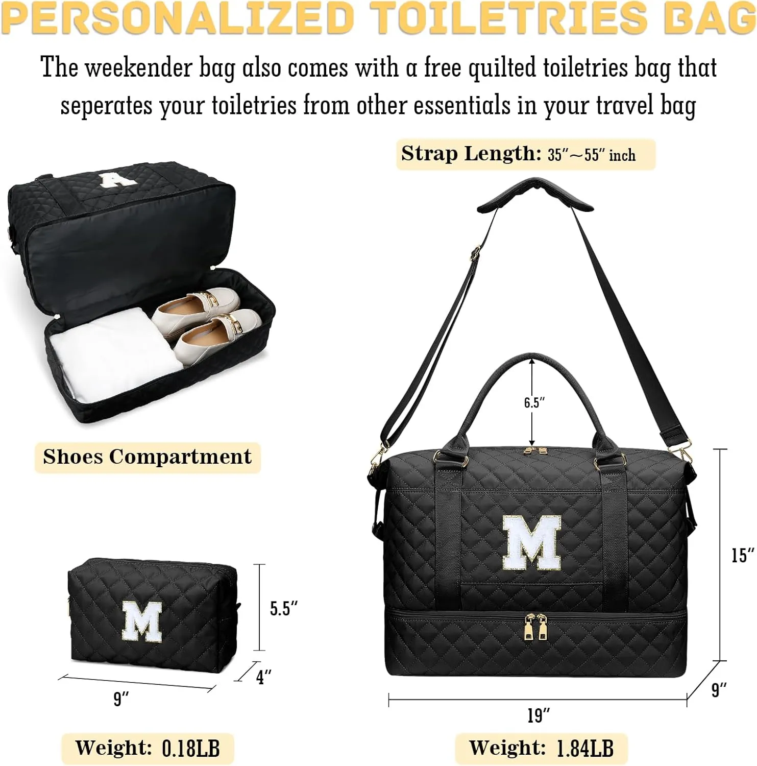Gifts for Women Initial Travel Duffle Bag Quilted Weekender Carry-On Overnight with Cosmetic Bag, Gym Bag with Shoe Compartment Hospital Bag for Labor Delivery, Black M