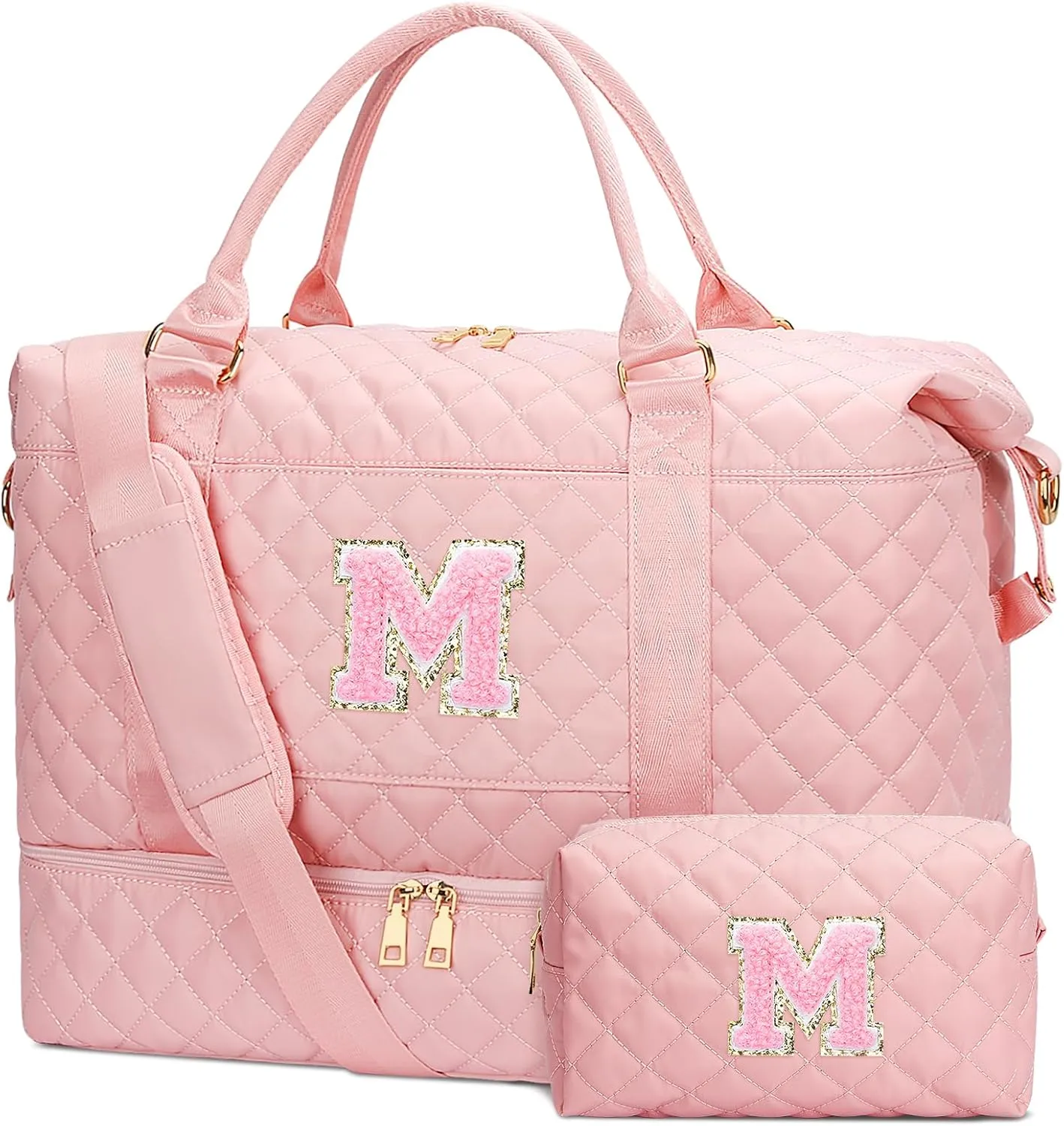 Gifts for Women Initial Travel Duffle Bag Quilted Weekender Carry-On Overnight with Cosmetic Bag, Gym Bag with Shoe Compartment Hospital Bag for Labor Delivery, Pink M
