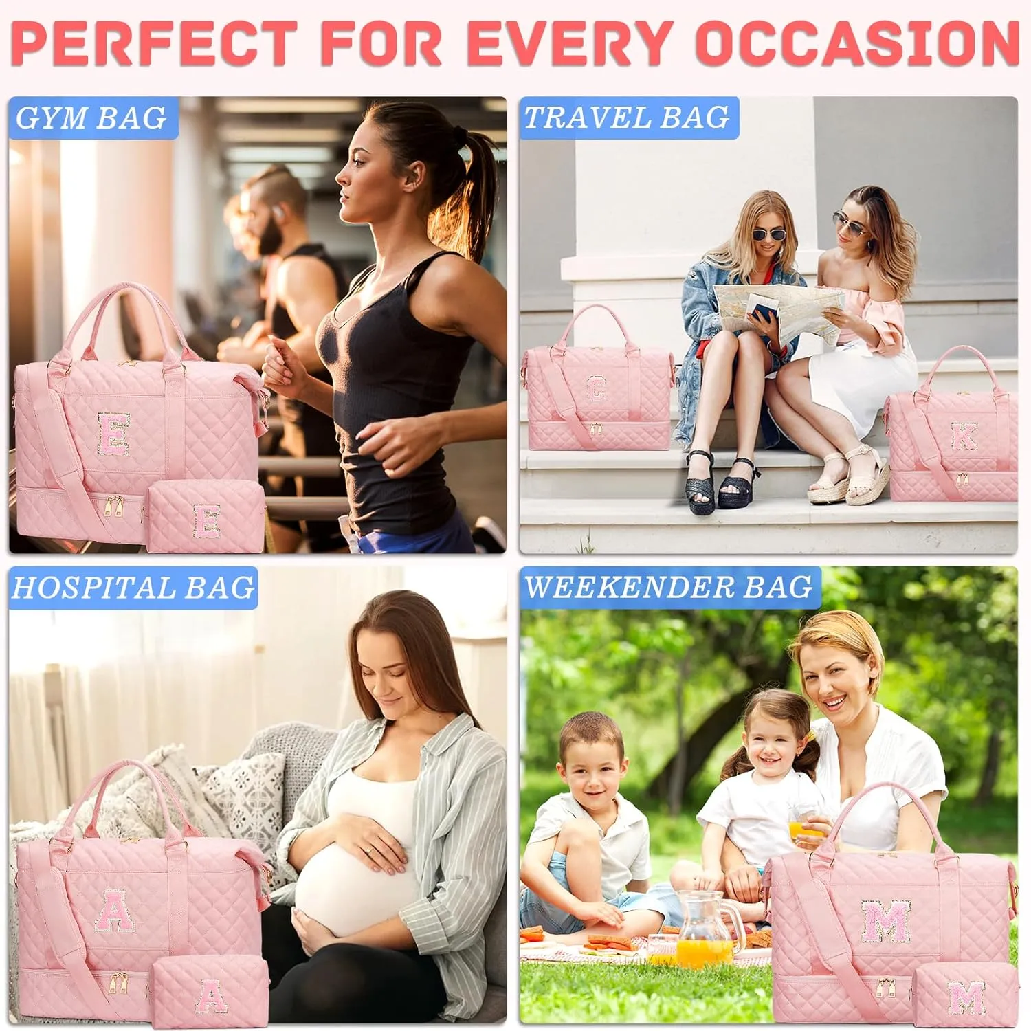 Gifts for Women Initial Travel Duffle Bag Quilted Weekender Carry-On Overnight with Cosmetic Bag, Gym Bag with Shoe Compartment Hospital Bag for Labor Delivery, Pink M