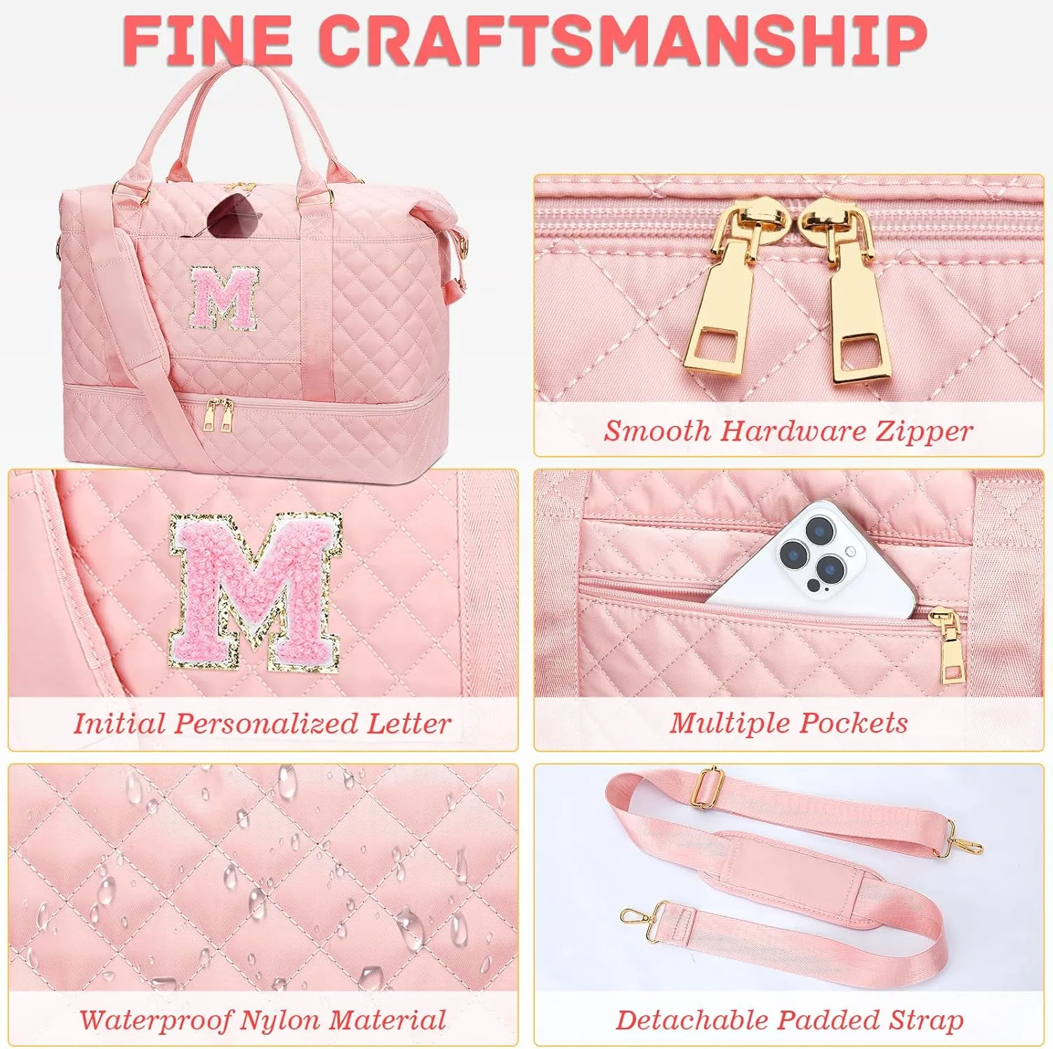 Gifts for Women Initial Travel Duffle Bag Quilted Weekender Carry-On Overnight with Cosmetic Bag, Gym Bag with Shoe Compartment Hospital Bag for Labor Delivery, Pink M