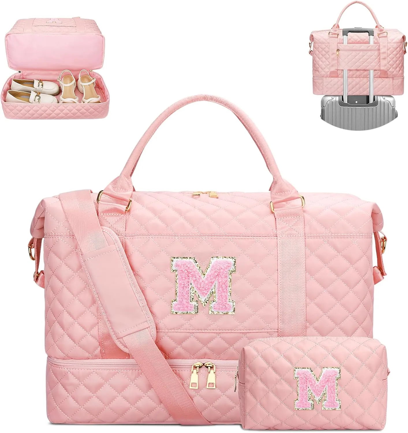 Gifts for Women Initial Travel Duffle Bag Quilted Weekender Carry-On Overnight with Cosmetic Bag, Gym Bag with Shoe Compartment Hospital Bag for Labor Delivery, Pink M