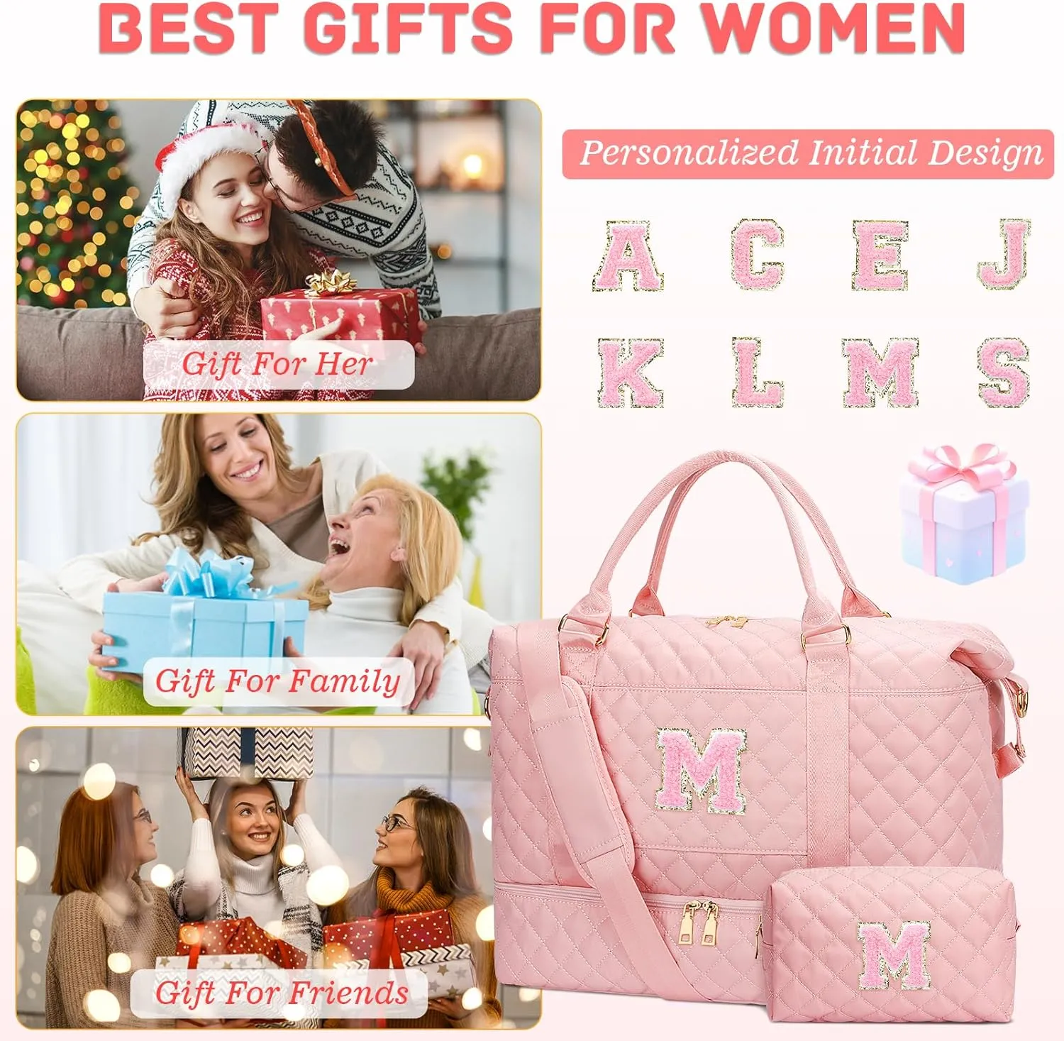 Gifts for Women Initial Travel Duffle Bag Quilted Weekender Carry-On Overnight with Cosmetic Bag, Gym Bag with Shoe Compartment Hospital Bag for Labor Delivery, Pink M