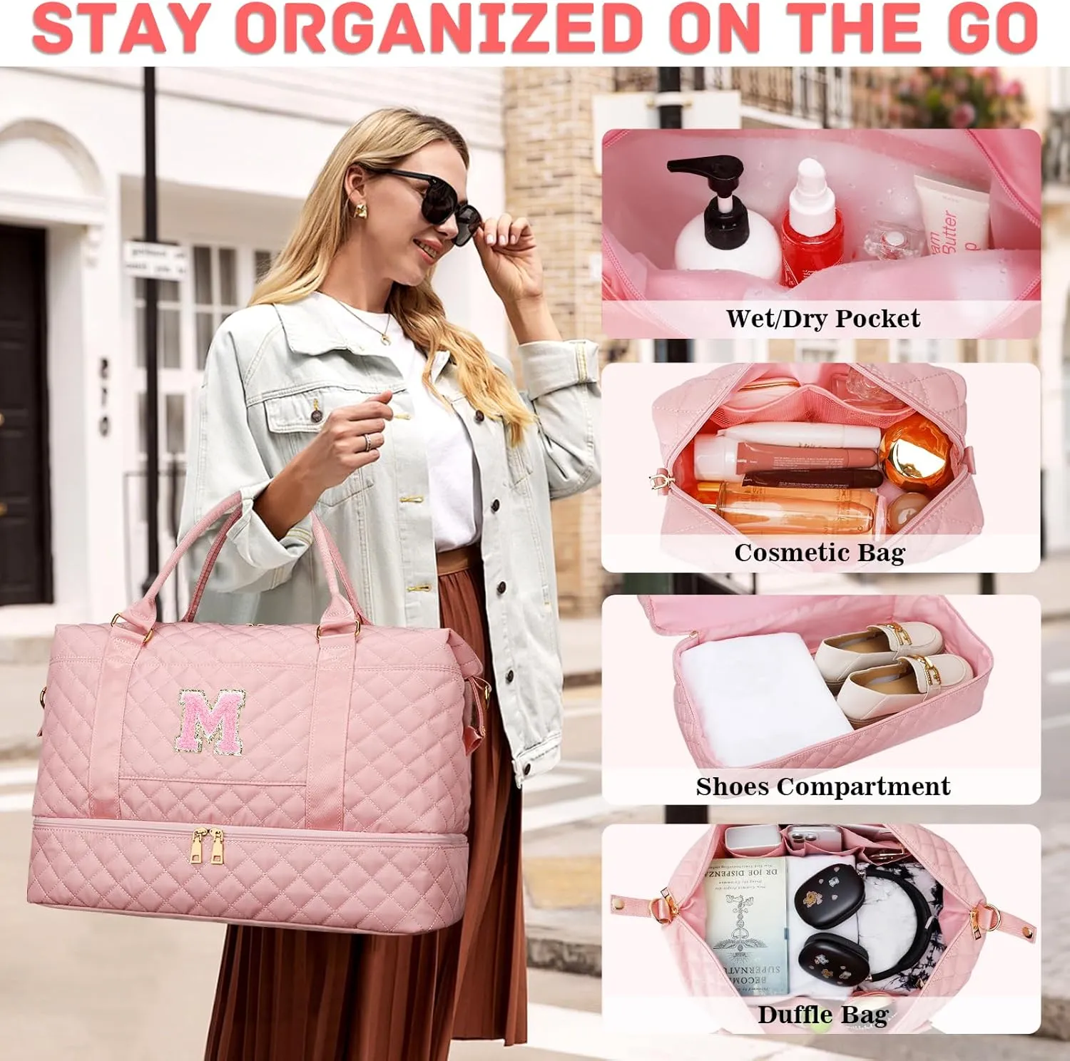 Gifts for Women Initial Travel Duffle Bag Quilted Weekender Carry-On Overnight with Cosmetic Bag, Gym Bag with Shoe Compartment Hospital Bag for Labor Delivery, Pink M