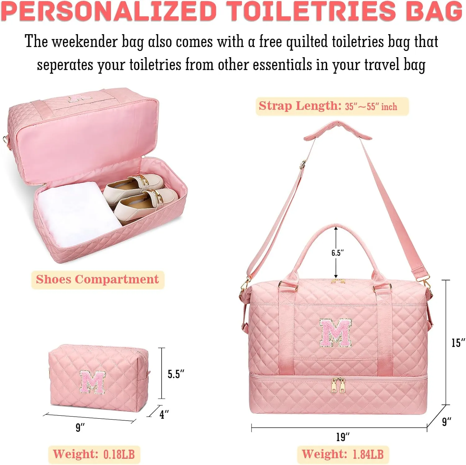Gifts for Women Initial Travel Duffle Bag Quilted Weekender Carry-On Overnight with Cosmetic Bag, Gym Bag with Shoe Compartment Hospital Bag for Labor Delivery, Pink M