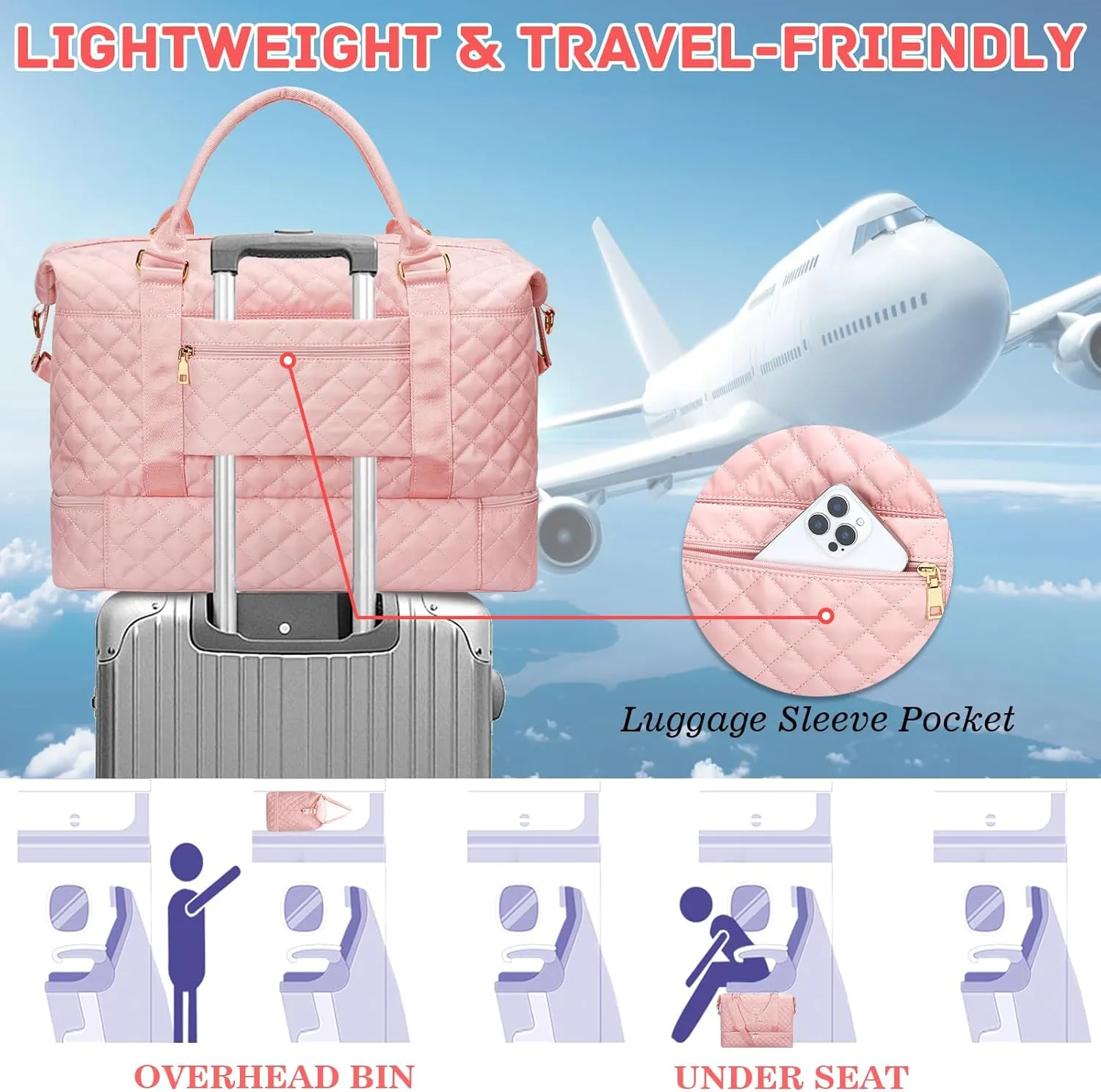 Gifts for Women Initial Travel Duffle Bag Quilted Weekender Carry-On Overnight with Cosmetic Bag, Gym Bag with Shoe Compartment Hospital Bag for Labor Delivery, Pink M